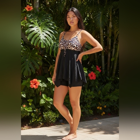 Other - Leopard Print and Black Shorts 2 Piece Swimsuit Size L